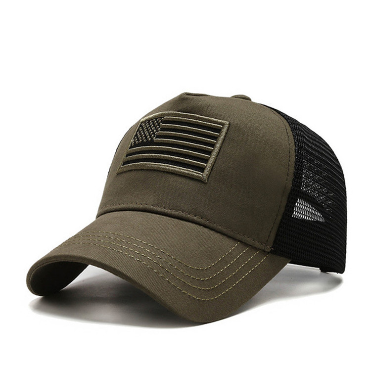 Cheap Army Green Cotton Baseball Hat 3D Embroidered Curved Double Row Plastic Back Closure Trucker Cap wholesale