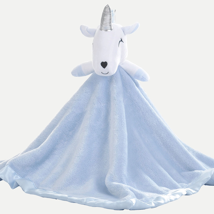 China Adorable Blue Snuggle Blanket Baby Unicorn Stuffed Animal Blanket on sale
