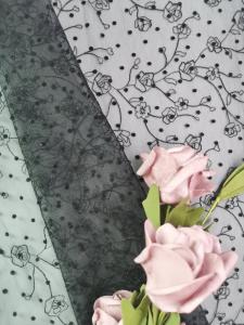 China Fancy Tulle Flocked Lace Fabric Black Flower Embroidered Fabric on sale