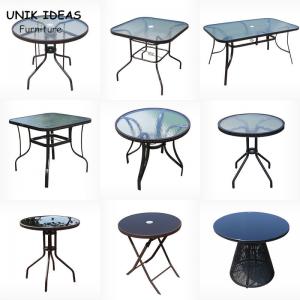 China Black Tempered Glass Garden Table Outdoor Round Metal Dining Table 80cm on sale