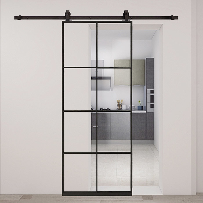 China Frosted Glass Aluminum Steel Frame Interior Barn Door With Sliding Hardware for sale