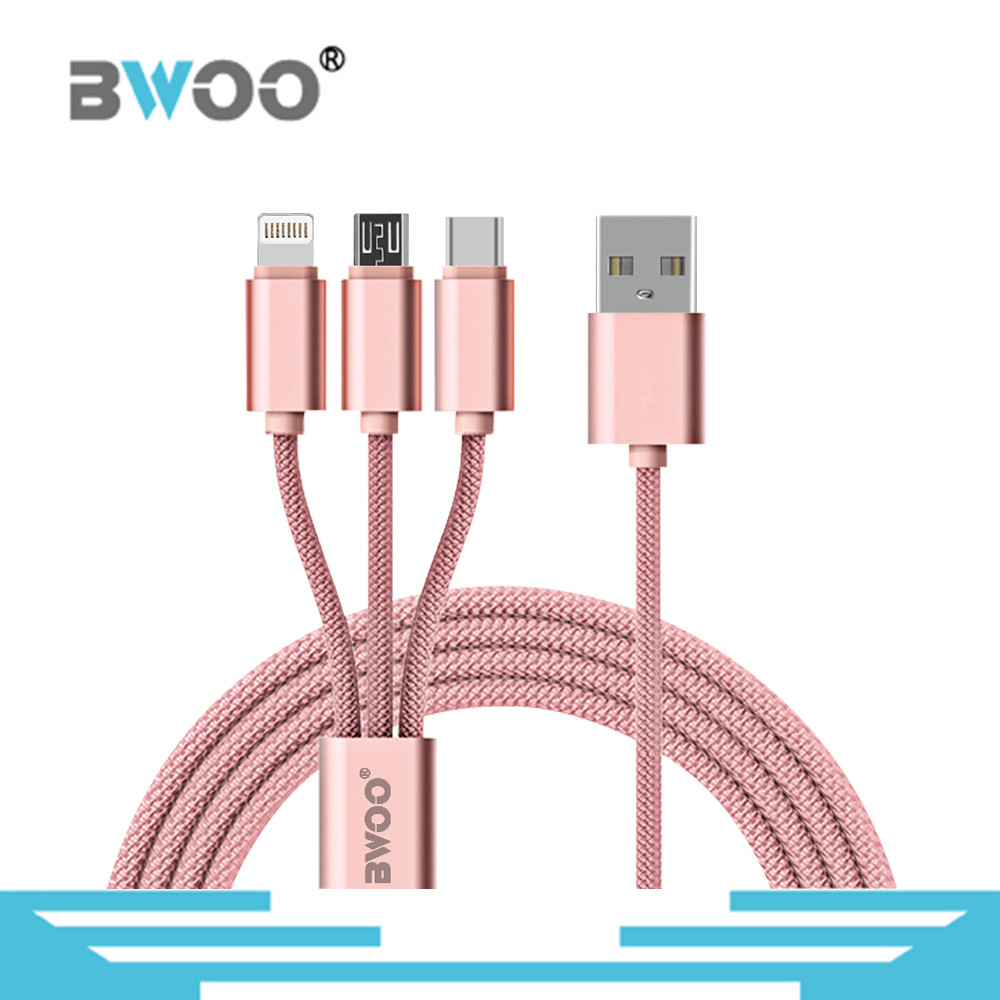China Bwoo Colorful 1M Nylon Braided USB Data Cable 3 in 1 Micro Lightning & Type-C in 1 for sale