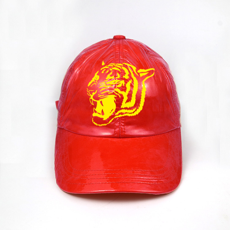 Cheap Speical material polyester leather custom printed tiger logo red metal sunday buckle baseball caps wholesale