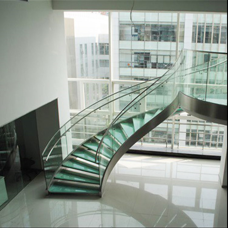 Metal frame and glass tread curved staircase mansion stair design