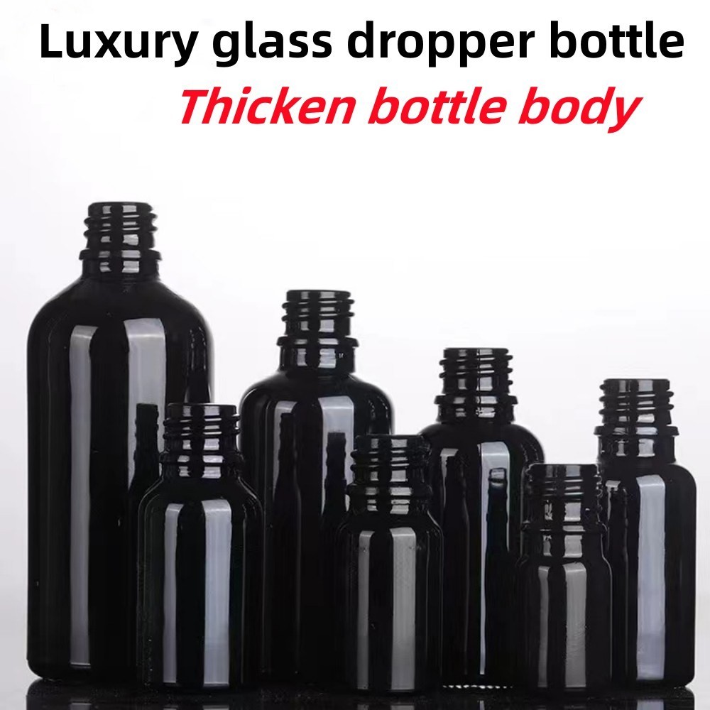 China Black 10, Ml 15ml 20ml 30ml 50ml empty round black shiny Glass Essential Oil Dropper Bottle with Plastic Gold ring on sale