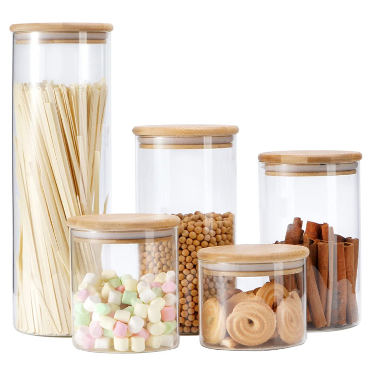 China Smell Proof Bamboo Glass Container Set Food Storage Spice Mason Jar With Dispenser Lid on sale