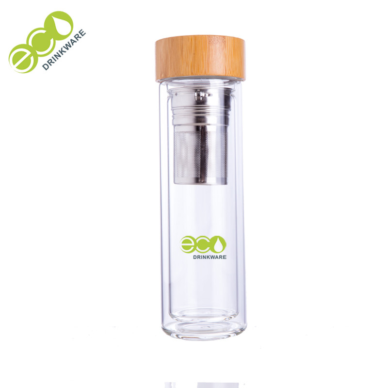 China Factory direct sale high quality double wall glass water bottle with bamboo lid on sale