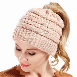 Cheap Round Brim Ponytail Beanie Hat For Women Winter Warm Soft Stretch Cable Knit Messy High Bun Hat wholesale