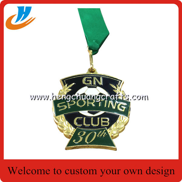 Cheap Football 30th Sporting club metal medal,custom soccer metal medal with ribbon wholesale