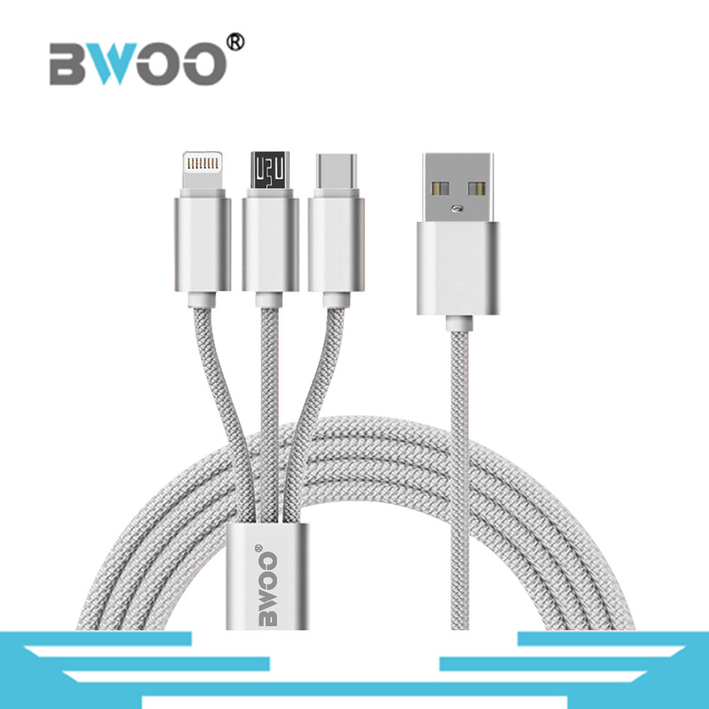 China Bwoo Colorful 1M Nylon Braided USB Data Cable 3 in 1 Micro Lightning & Type-C in 1 for sale