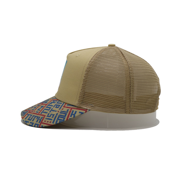 Cheap Printed Patch 5 Panel Baseball Cap Light Yellow Polyester And Mesh wholesale