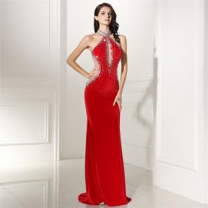 China Red Color Short Sleeve High End Velvet Prom Dress Evening Gowns Long Style Trailing Floor on sale