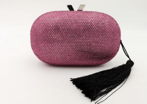 Pink Crystal Embellished Evening Bag , Rhinestone Wedding Clutch With Tassels