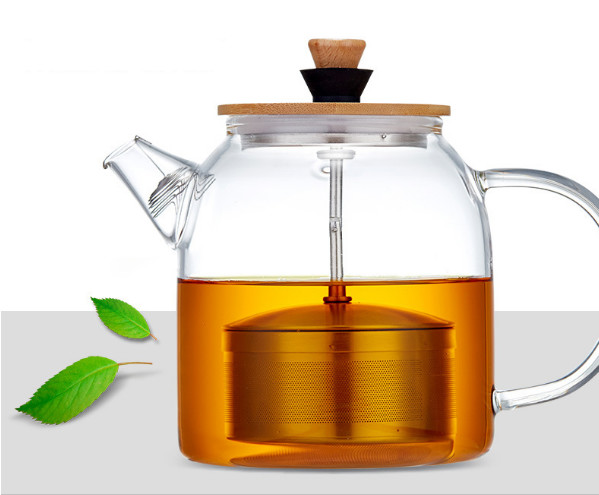 China Novolink OEM 1000ML 1600ML High Borosilicate Glass Teapot with SS Infuser & Bamboo Lid on sale