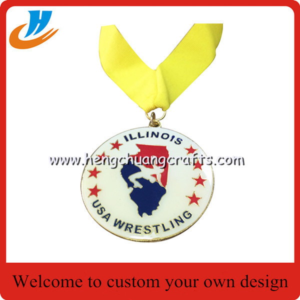 Cheap USA Wrestling gold medal,Custom award Wrestling metal medal with ribbon wholesale