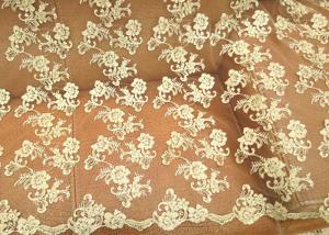 China Gold Retro Scalloped Corded Lace Fabric , Polyester Embroidered Floral Tulle Fabric on sale