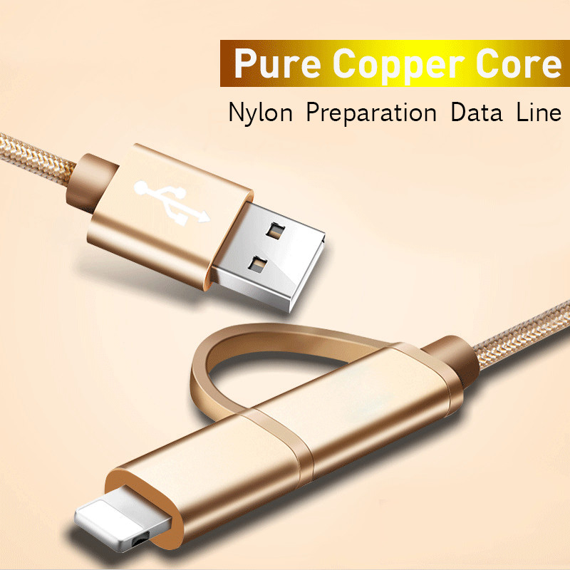 Type-c Android USB dual-use flat two-in-one metal woven nylon mobile phone data charging cable for sale