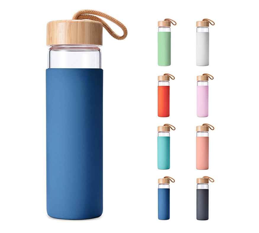 China 500ml Bpa Free Safe Borosilicate Glass Water Bottle With Bamboo Lid Silicone Sleeve on sale
