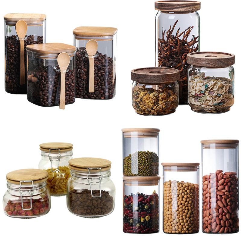 China 4.52 Transparent Glass Containers With Wood Lids Food Storage 950ml Anti Spill on sale