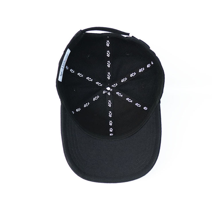 Cheap Custom design your own brand ACE inner tape printing black 6panel  baseball caps hats wholesale