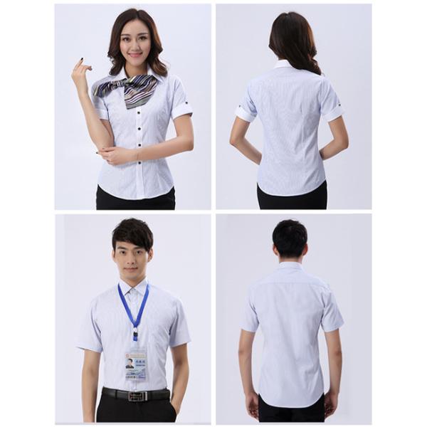 Summer Blue Striped Custom Business Shirts Short Sleeved Shirt For Male / Female