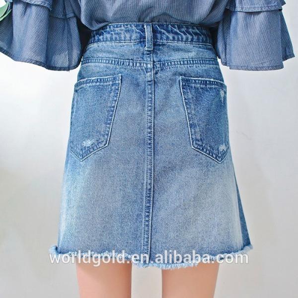 Custom Women A LINE Damaged Denim Skirt With Pearls And Frayed Hem