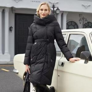 Winter Long Thick Padded Coat Women Printed Fabric Coat Fashion Casual Belted