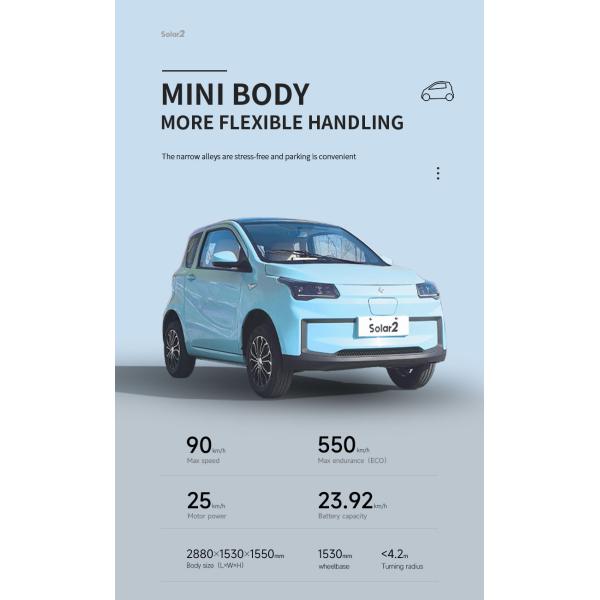 Energy Type Pure Electric 2 Seats Solar Car 550km High Speed EEC COC Mini Blaval Auto 2 Small Vehicles 850kg Curb Weight