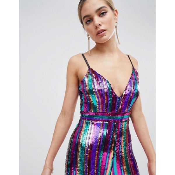 2019 new style sequin plunge front wide leg jumpsuit in rainbow stripe for girls