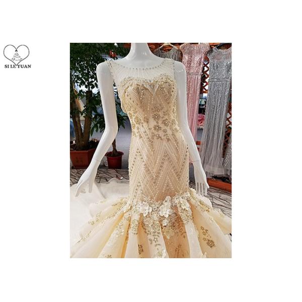 Puffy Tailor Made Prom Dresses / Champagne Fishtail Prom Dress Lace Flowers