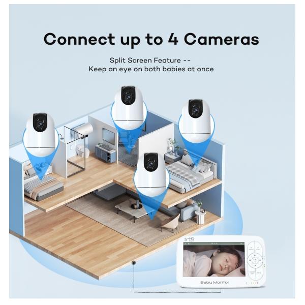 5 Inch 720P PRO Security Baby Monitor Cameras With Visual Sound Alarm 360 PTZ Camera