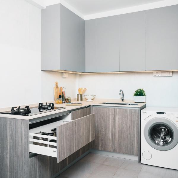 American Small Luxury Gray Kitchen Cabinet Wood Grain Melamine Kitchen Storage Set