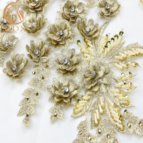 Gold Rhinestones Bridal Lace Fabrics Polyester Decoration 55 Inch Width