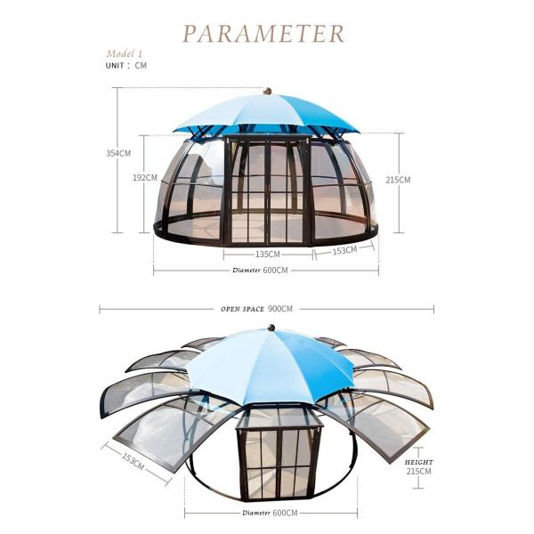 Hot sale outdoor garden alu aluminium pc polycarbonate gazebo pavilion sunroom sunhouse cabin shed tent dome kits