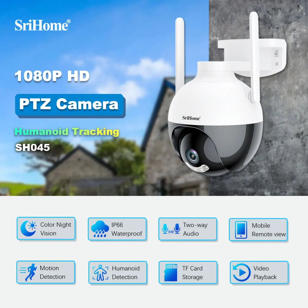 CCTV Security System 1080P PTZ With Audio Auto Tracking IR 10 meters AI Camera Install Outdoor House Srihome camera