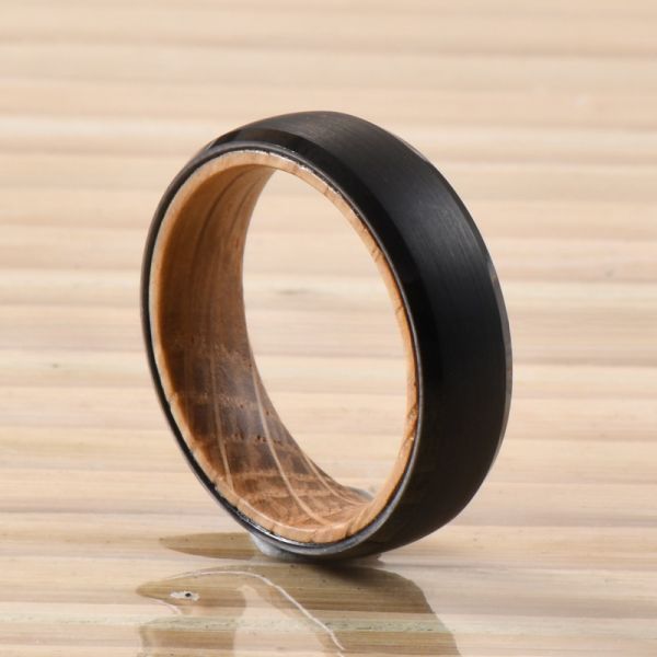 Tungsten Ring Men's Women's 6mm Silver or Black Plated Wedding Band with Whiskey Barrel Wood Inside Beveled Edges Comfort Fit