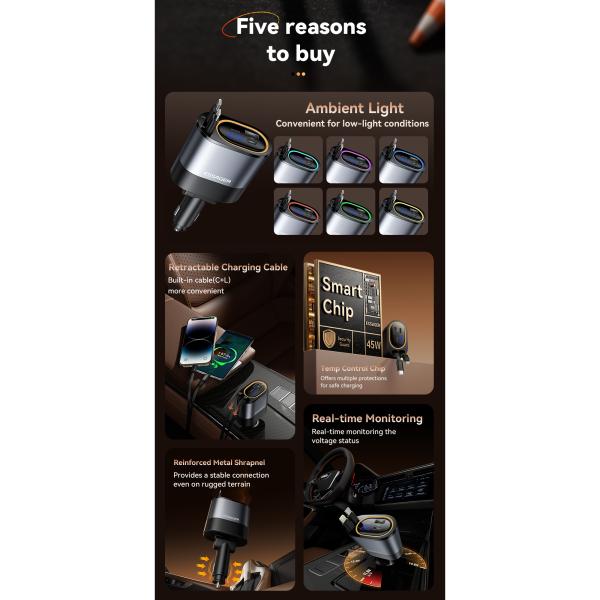 ESSAGER SHE-6001 45W PD 30W Car Charger with Fast USB C Lighting Cable Aluminium Alloy PC Material