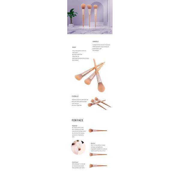 Rose Gold Fiber Bristles 3pcs Wooden Handle Makeup Brushes