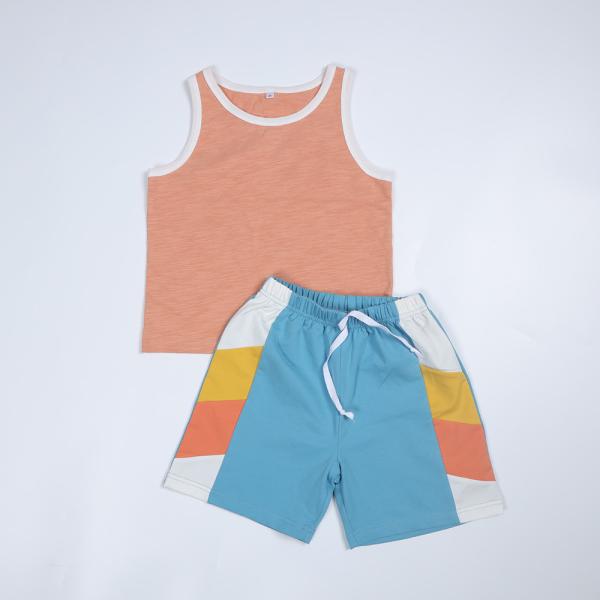 Teen Boys Streetwear French Terry Patchwork Outfit Set 250gsm Color Tank And Short Set