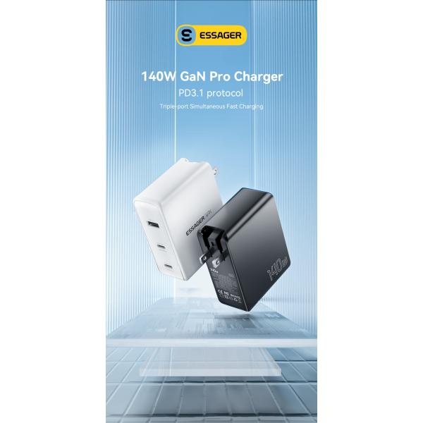 Essager Mobile Phone GaN Chargers 140W With 3 Ports In 1 USB A 2 Type C