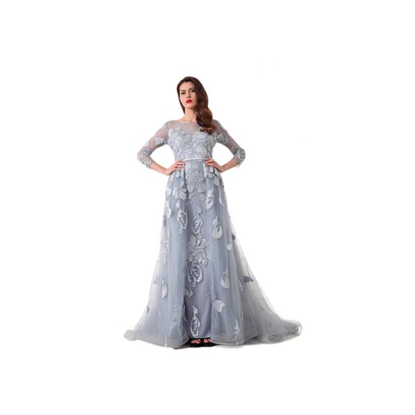 Backless Sexy Tulle Long Sleeve Evening Gowns Built - In Bra Light Blue