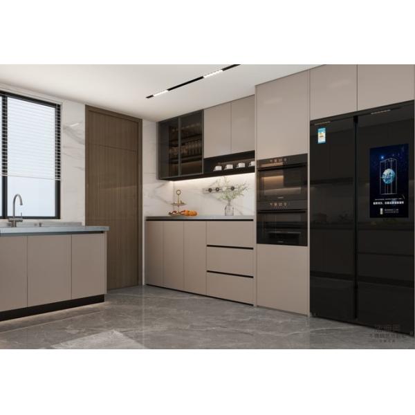 L-Shaped Beige Modern Stainless Steel Kitchen Cabinets With Glass Doors Design