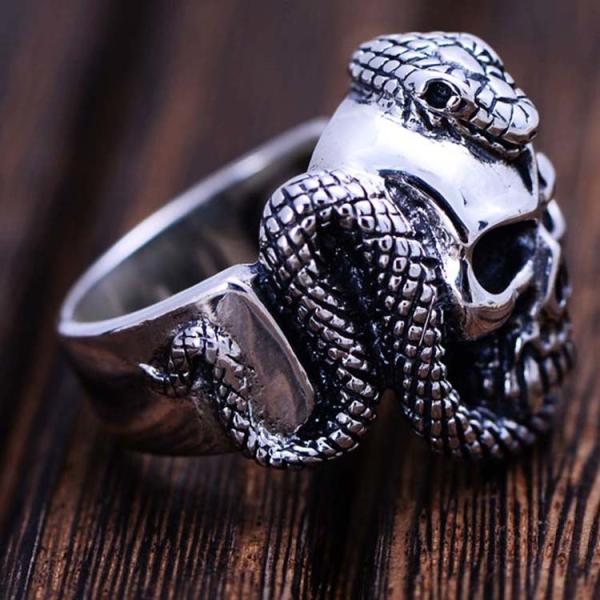 Mens Retro Vintage Sterling Silver Ring Engraved Skull and Snake Design(024572)