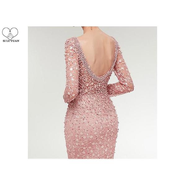 Pink Sexy Mermaid Prom Dresses Perspective Waist Back Lace Beaded Sweep Train