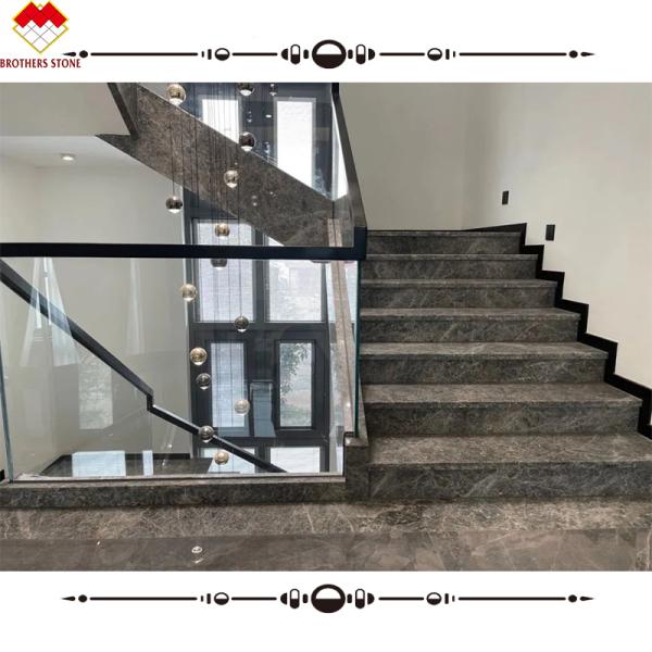 Grey Marble Stair Treads And Risers With Polished Finish For Interior Straight Stairs