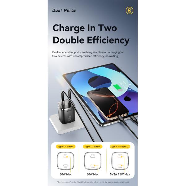 ESSAGER ES-CD45 33W GaN Charger Dual USB C PD Charger for Power Supply Adapter