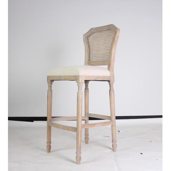 Wholesale event odd country style bar stool chair rattan back antique bar stools wooden carved with linen fabric barstoo
