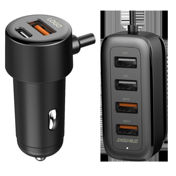 Multi Port ABS Fast Charging Car Charger With Extension Cord 120W Lighter Switch Plug