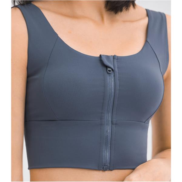 Blue Grey Gathered Women's Sports Bra Front Zip Shockproof Gym Running Fitness Crop Top