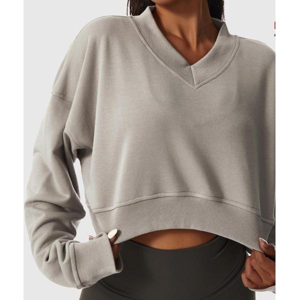 Small Quantity Clothing Factory Women'S V Neck Long Sleeve Sweatshirt Casual Pullover Top 50% Cotton 50% Polyester